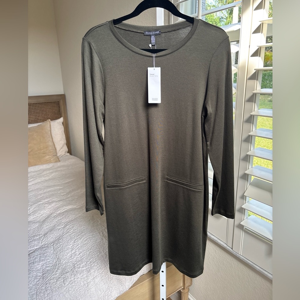 EILEEN FISHER Long Sleeve Round Neck Tunic Dress Dark Green Size PS